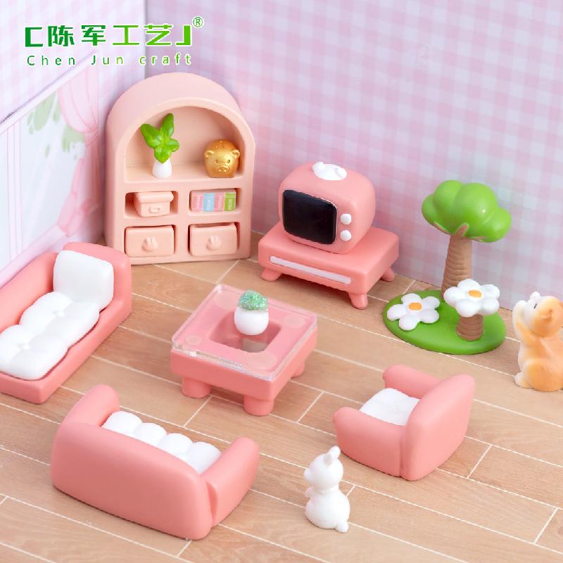 Phụ Kiện Tiểu Cảnh Tiểu cảnh sofa phòng khách màu hồng, búp bê DIY, phụ kiện bàn tiểu cảnh mini đáng yêu (ZC-205)